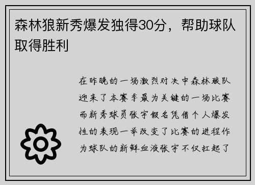 森林狼新秀爆发独得30分，帮助球队取得胜利