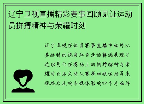 辽宁卫视直播精彩赛事回顾见证运动员拼搏精神与荣耀时刻